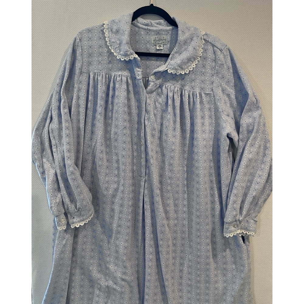 Lanz Of Salzburg Vintage Nightgown Blue White Floral Long Sleeve Lace Trim Sz XL